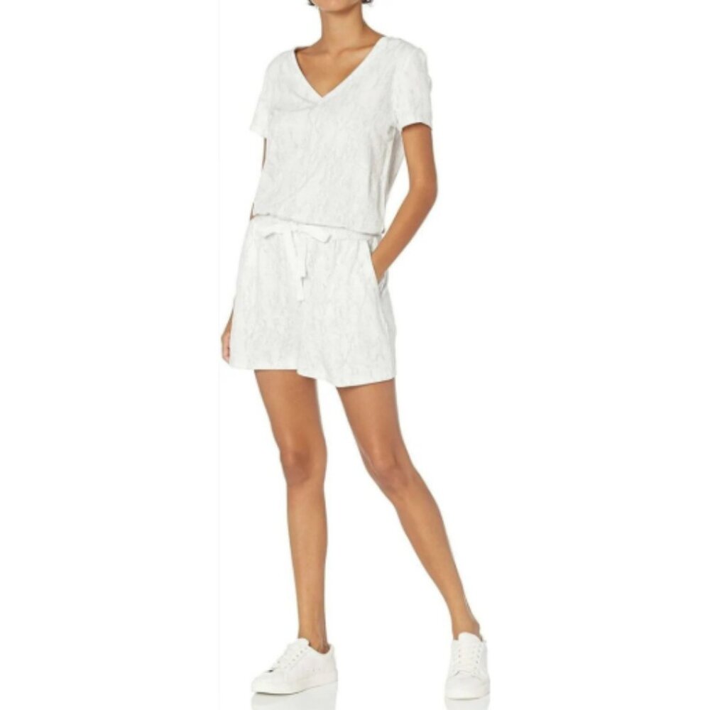 Daily Ritual Supersoft Short-Sleeve V-Neck Romper White & Gray Snake Print L NWT